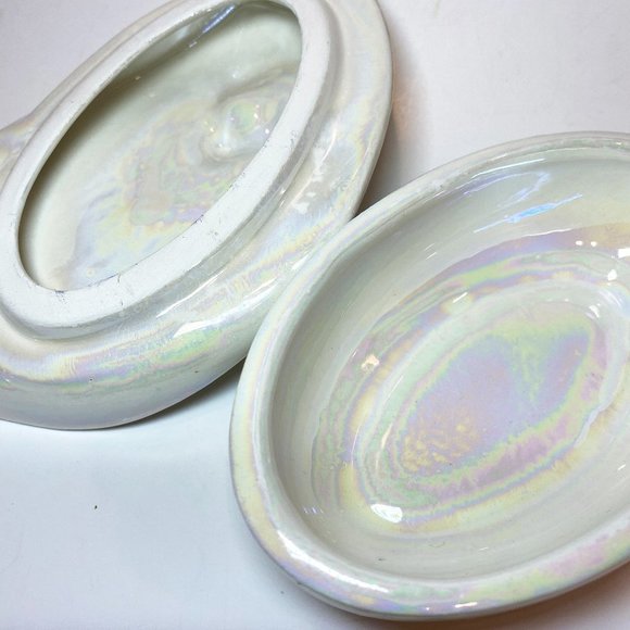 VTG Trinket Treasure Jewelry Ceramic Box with Mother of Pearl Glaze and Flowers - Picture 6 of 8